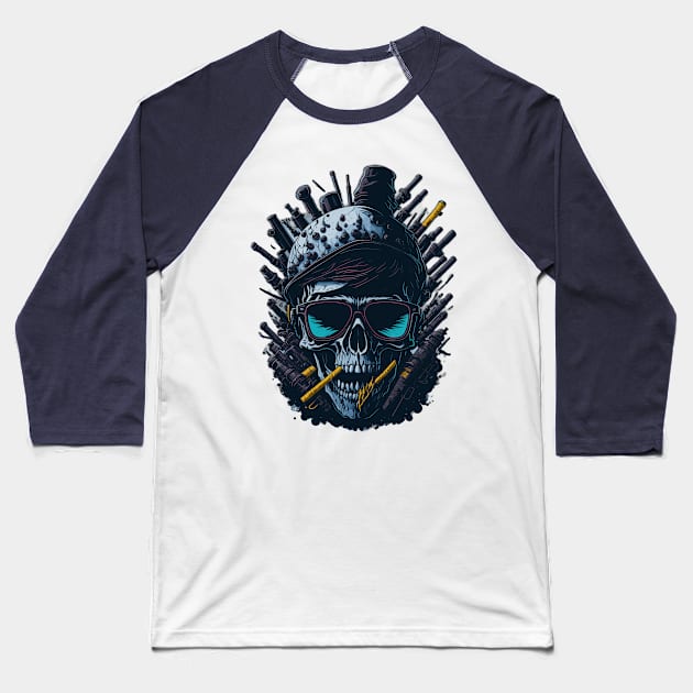 Smoking Skull with guns Baseball T-Shirt by Absent-clo